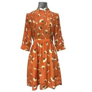 Lauren Moffatt Poppy Field Orange Floral Pleated Button Front Midi Dress Sz 8